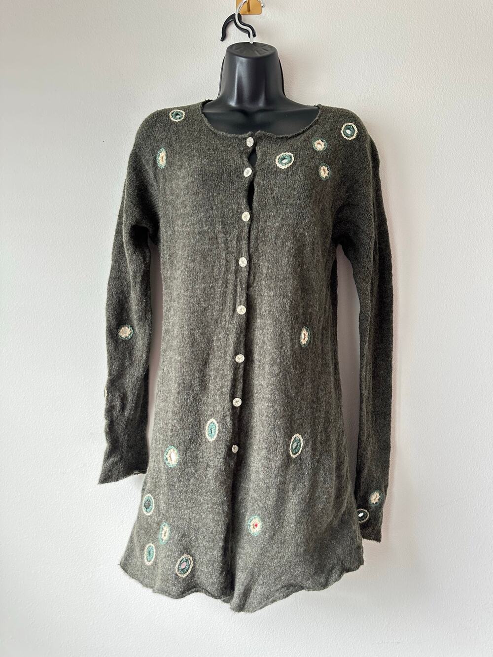 Boho Artisan Wool Feel Embellished Long Cardigan Fairy Grunge Lagenlook M/L